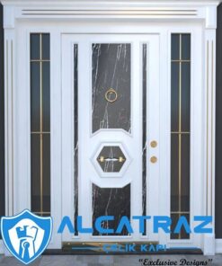 Beyaz Mermer Desenli Lüks Dış Kapı Granit Desenli Modern Villa Kapısı Çelik Giriş Kapısı